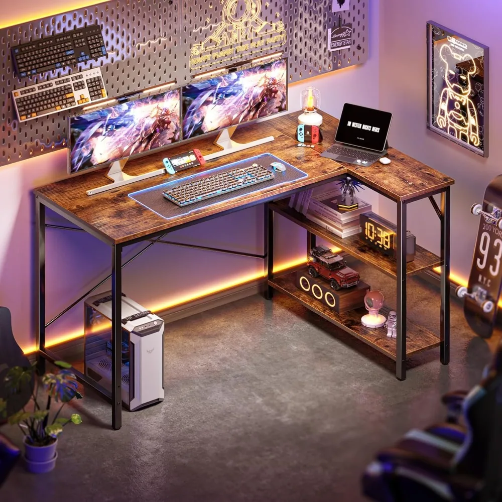 47 Inches L Shaped Desk, Computer Desk with Reversible Storage Shelves, Gaming Desk, Corner Desk Home Office Desks, Writi