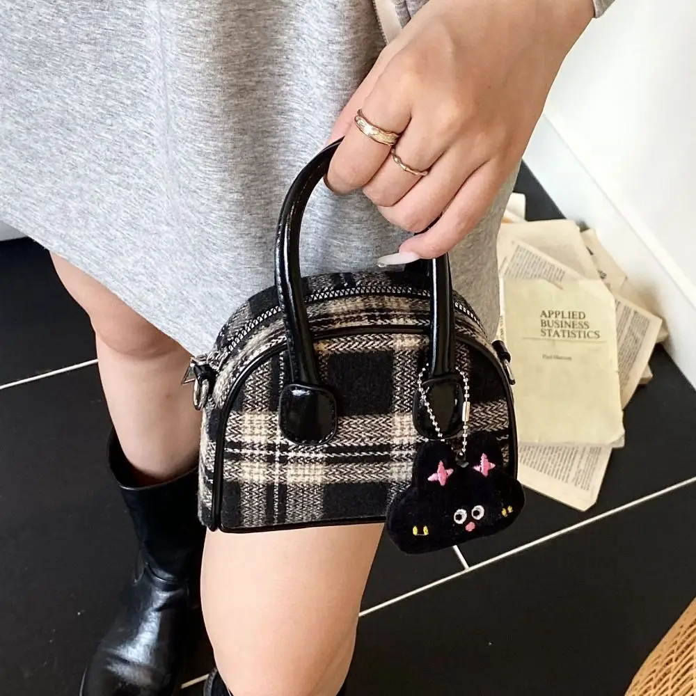 

Fashion French Style Woolen Plaid Bowling Bag Elegant Cloth Boston Shoulder Bag Large Capacity PU Leather Women Handbags Women