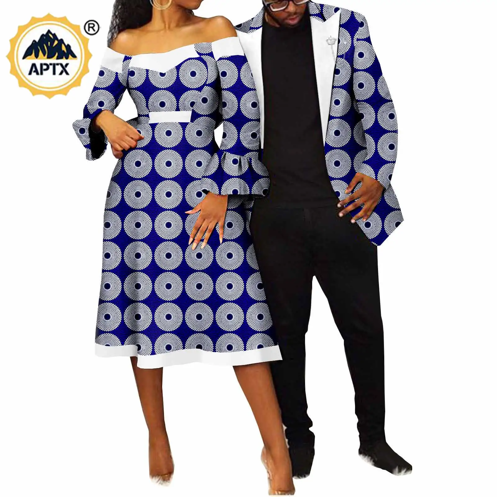 African Couples Clothes Bazin Riche Ankara Print Party Dresses for Women Matching Men Outfits Crown Brooch Jackets Coats Y22C008