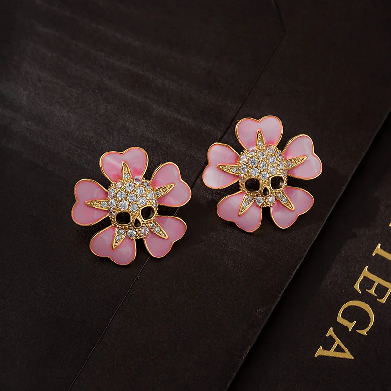 Skeleton Head Flower Earrings for Women Medieval Style Pink Diamond Inlaid Anniversary Gifts