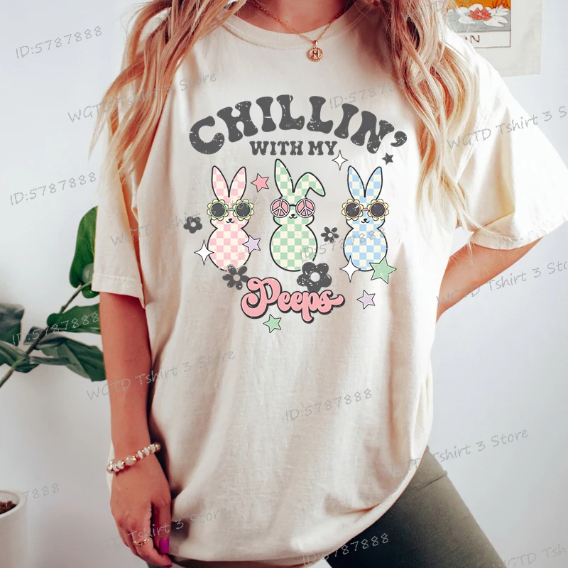 Cute Bunny Easter Tees Chilling with My Peeps Graphic T Shirts Women Funny Rabbit Vintage T Shirts Happy Easter Gift Casual Tops