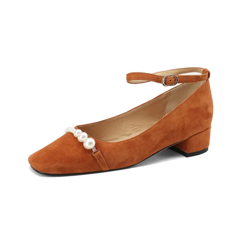 

Franch Style Sheep Suede Women's Pumps With Pearl Low Heeled Squared Toe Ankle Strap Shallow Female Shoes 2026 Phoenitn FT4354