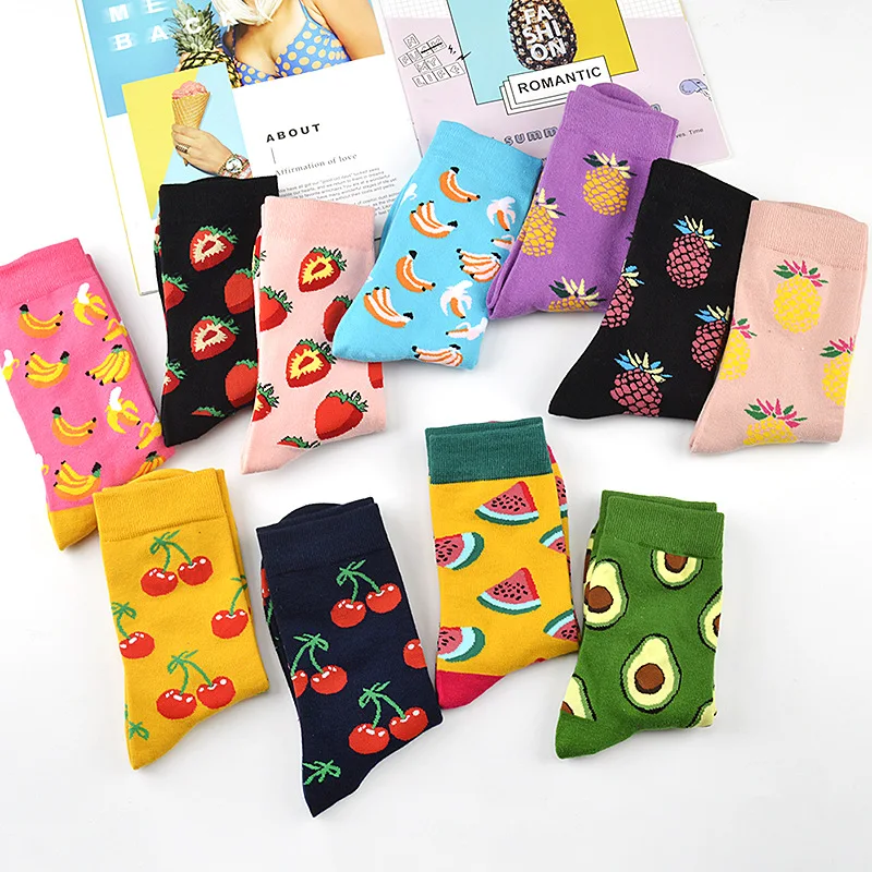 1 Pair Cotton Socks Men Women Street Skateboard Happy Socks Fruit Print Harajuku Gift Apple Pear Banana Lemon Cherry Funny Socks