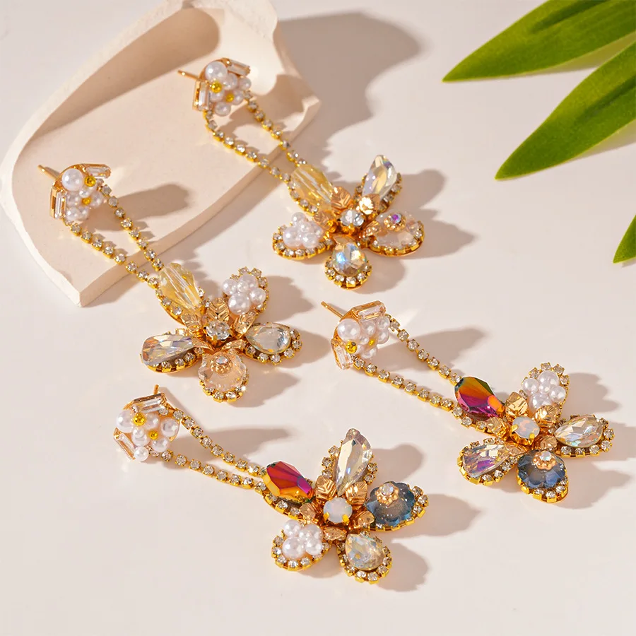 Light luxury zircon diamond imitation pearl flower silver needle earrings French fashion temperament high-end earrings women