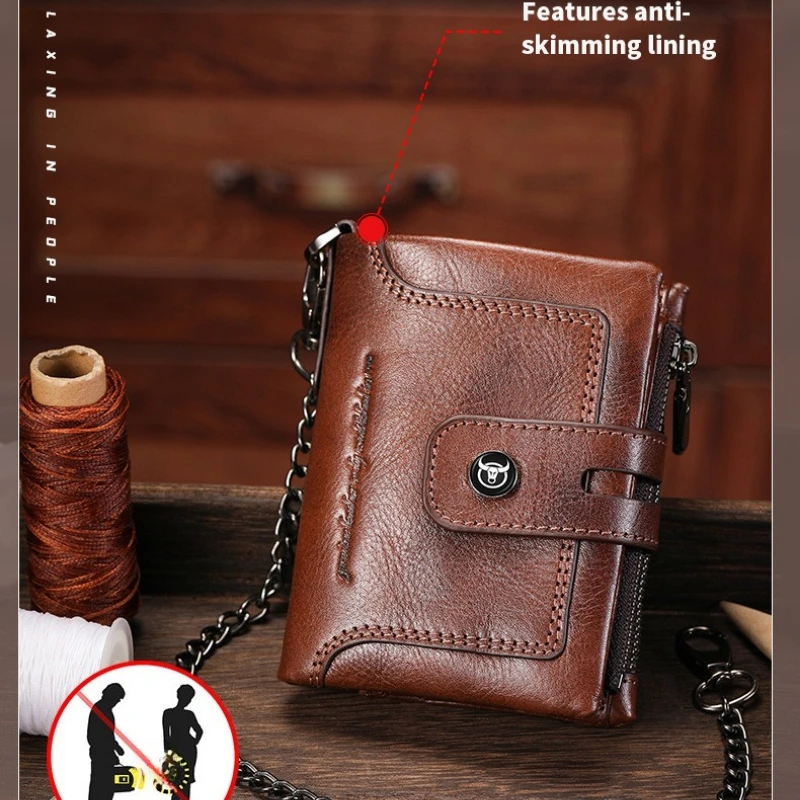 Men Vertical Top Layer Cowhide Wallet, Retro Genuine Leather Money Clip, Multi-card Slots Design with Zipper and Tower Buckle