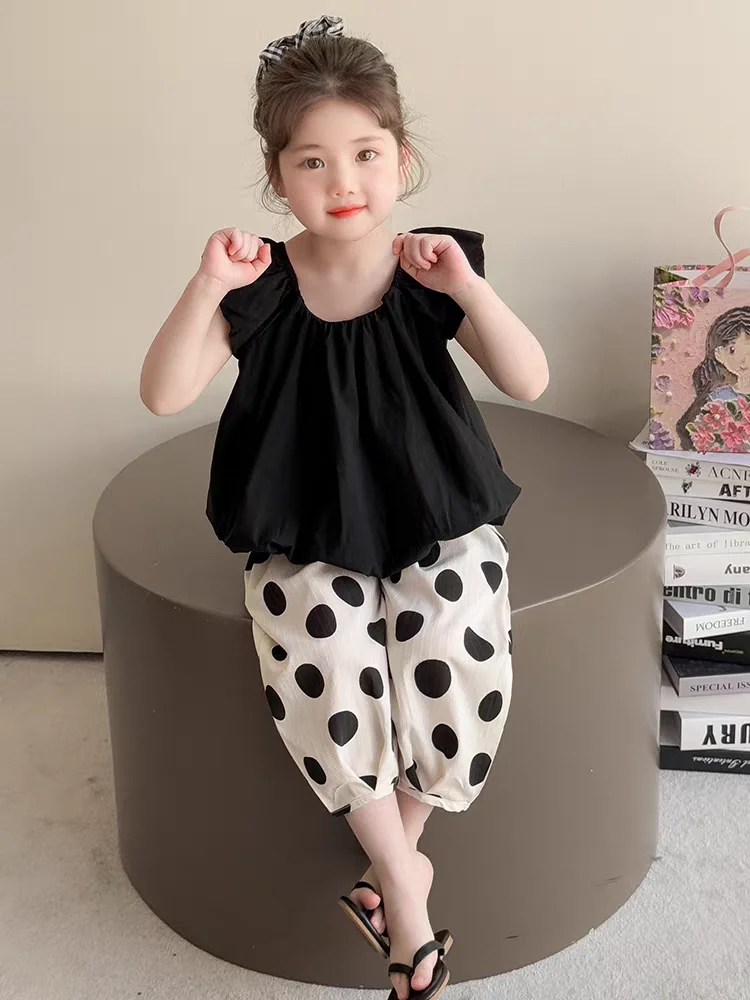 summer-polka-dot-mosquito-proof-children's-outfit-for-girls-casual-style-two-piece-set-comfortable-breathable-material
