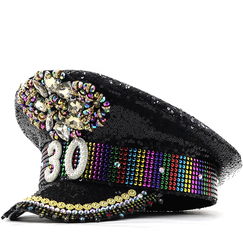 

Hot Women men steampunk Military Hat Sergeant Captain Hat Luxury Rhinestone Festival Birthday Part Hen Do Hat Can Customize