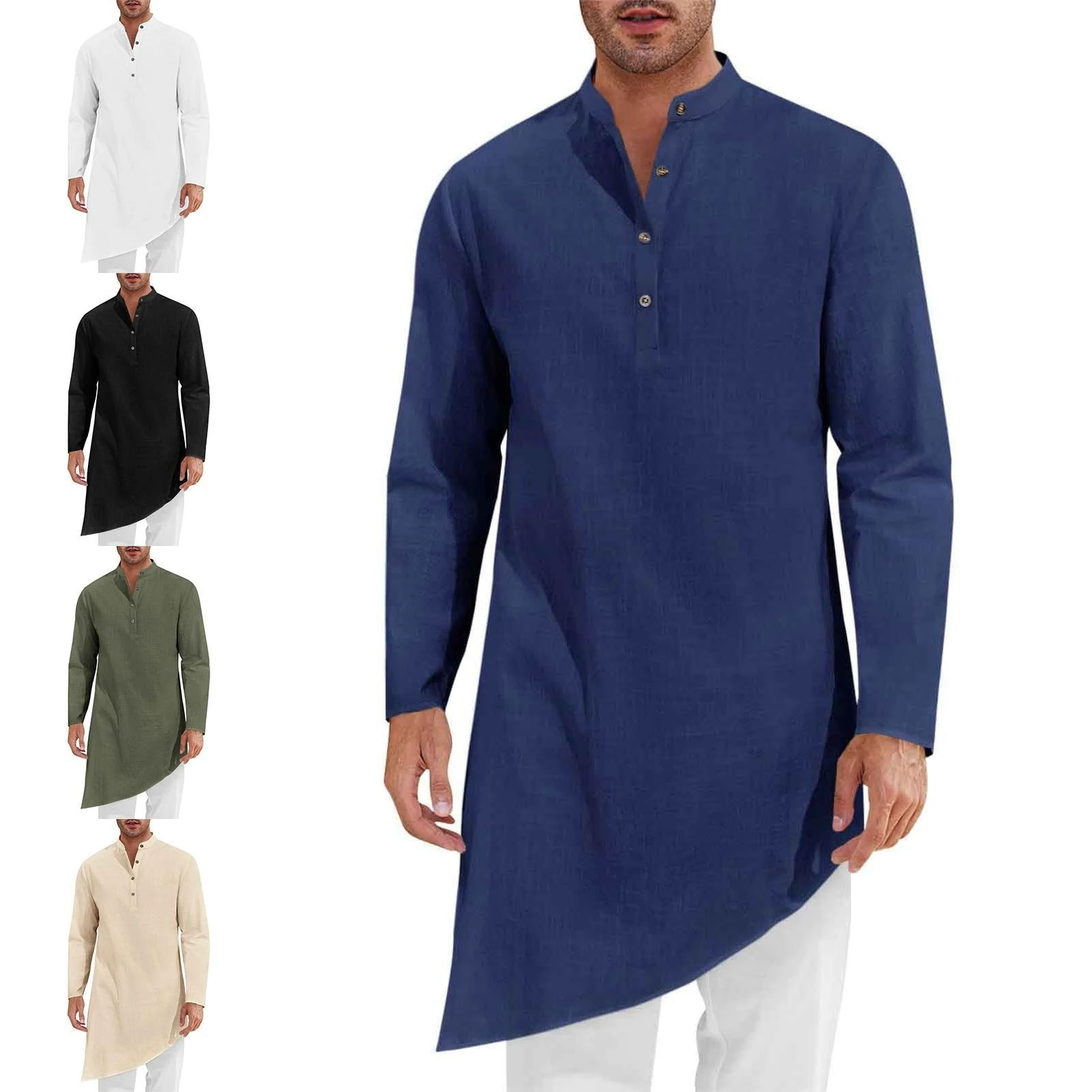 Men's Stand-up Collar Medium Shirt Asymmetrical Hem Long-sleeved Top Arabian Polyester Breathable Abaya Islamic Jubba Thobe