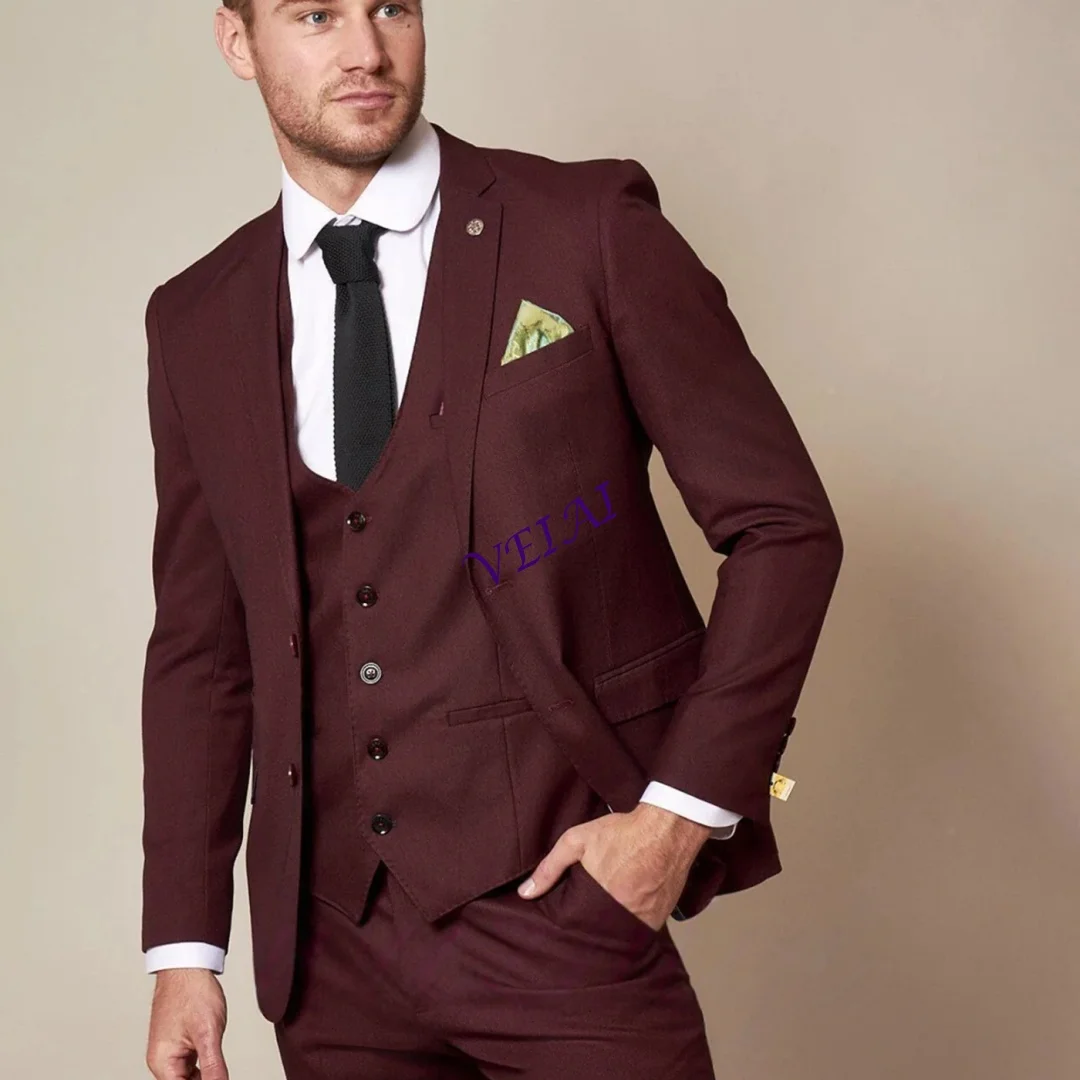 

Formal Burgundy Men's Suits for Wedding 3 Piece Sets Slim Fit Blazer Waistcoat Trousers Prom Groom Male Suit Customized