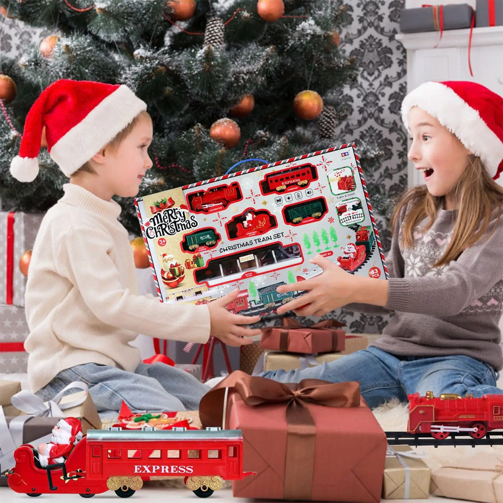 قطار عيد الميلاد التفاعل بين الوالدين والطفل لعبة المسار الصوت والضوء عيد الميلاد قطار كهربائي المسار مجموعة لعيد ميلاد صبي فتاة
