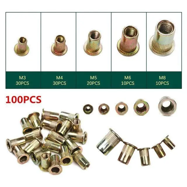 Flat Head Carbon Steel Rivet Nuts Set, Insert Nuts, Colocação de tamanho múltiplo, M3, M4, M5, M6, M8, 100pcs