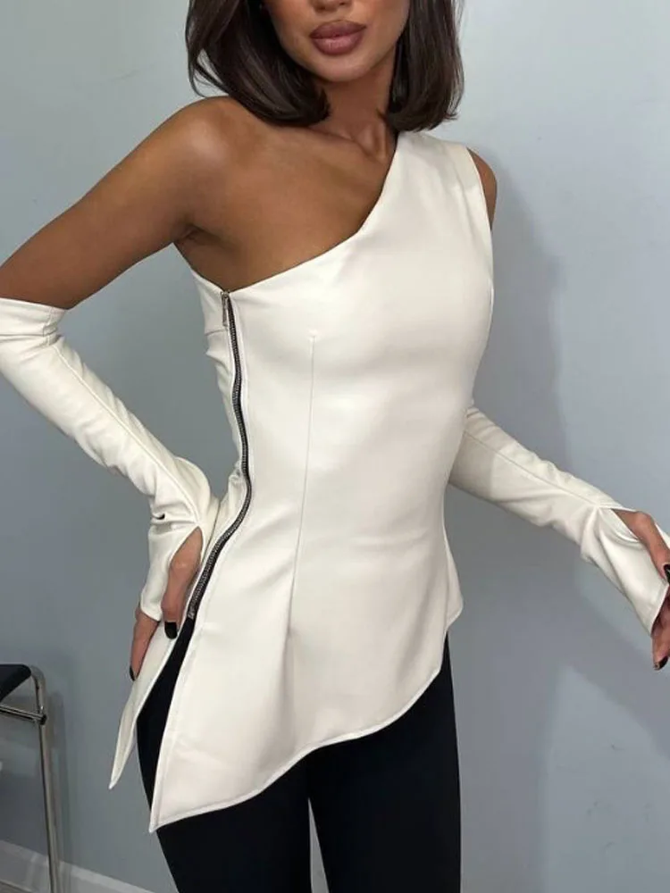 

Women's Sexy Solid Color One Shoulder Sleeveless Zipper PU Top