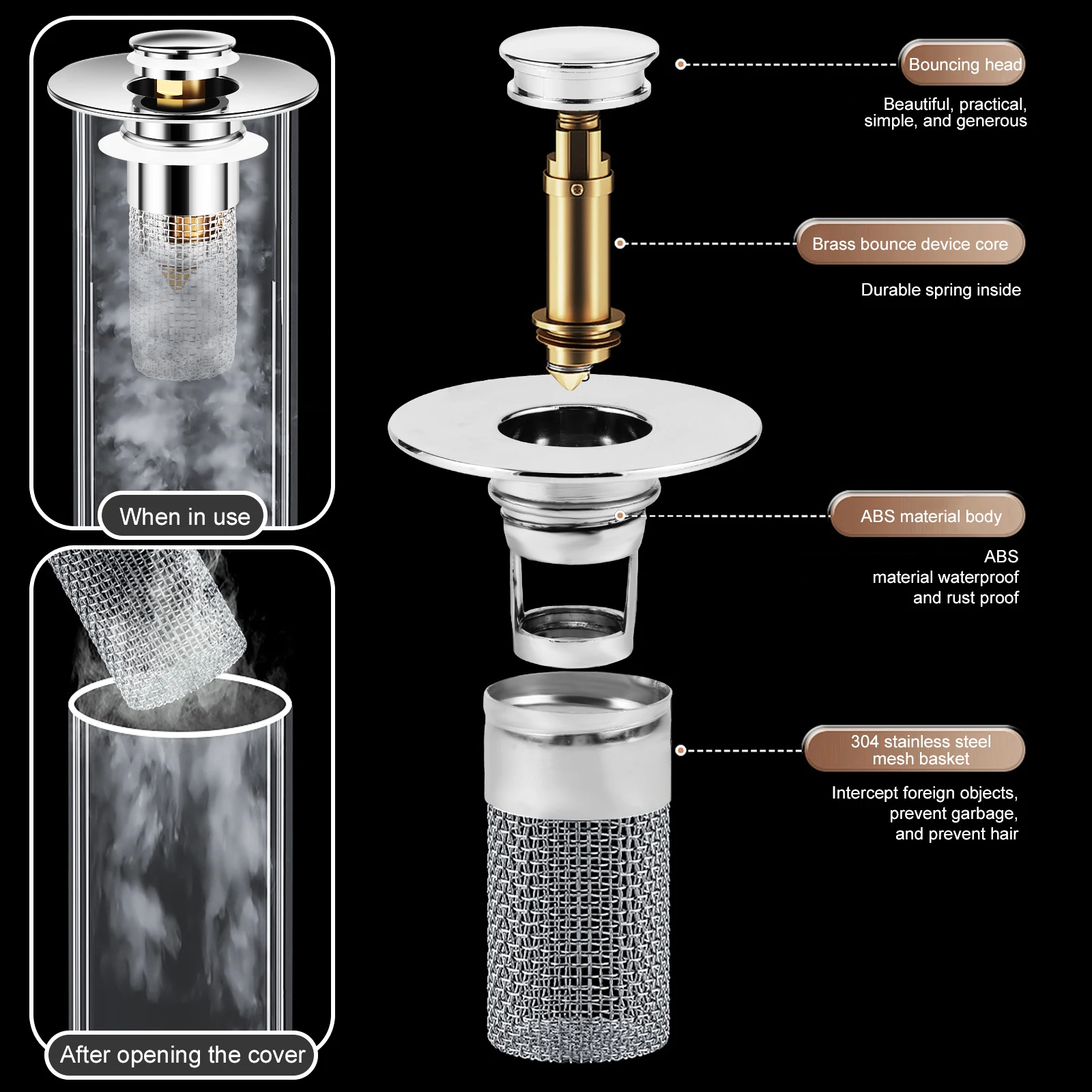 Pop Up Sink Drain Stopper Bathroom Hair Catcher Anti Clogging Basin Strainer Removable Basket Universal Fit 24 to 36 mm