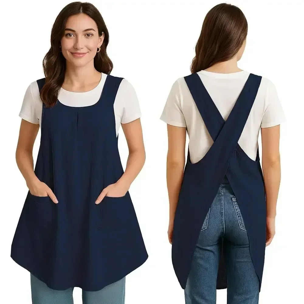 

Apron for Women with Pocket Cotton Linen, Japanese Cross Back Apron for Gardening Painting