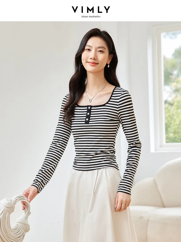 VIMLY Women's Autumn Classic Black and White Striped T-Shirts New Long Sleeve Square Neck Casual Versatile Commuter Loose Top