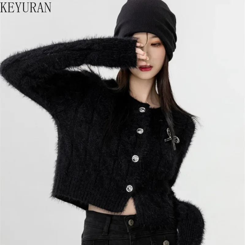 2024 Autumn Winter New Black Mohair Sweater Coat Women\'s Korean Fashion O-Neck Long Sleeve Bow Knitted Cardigan Cropped Tops