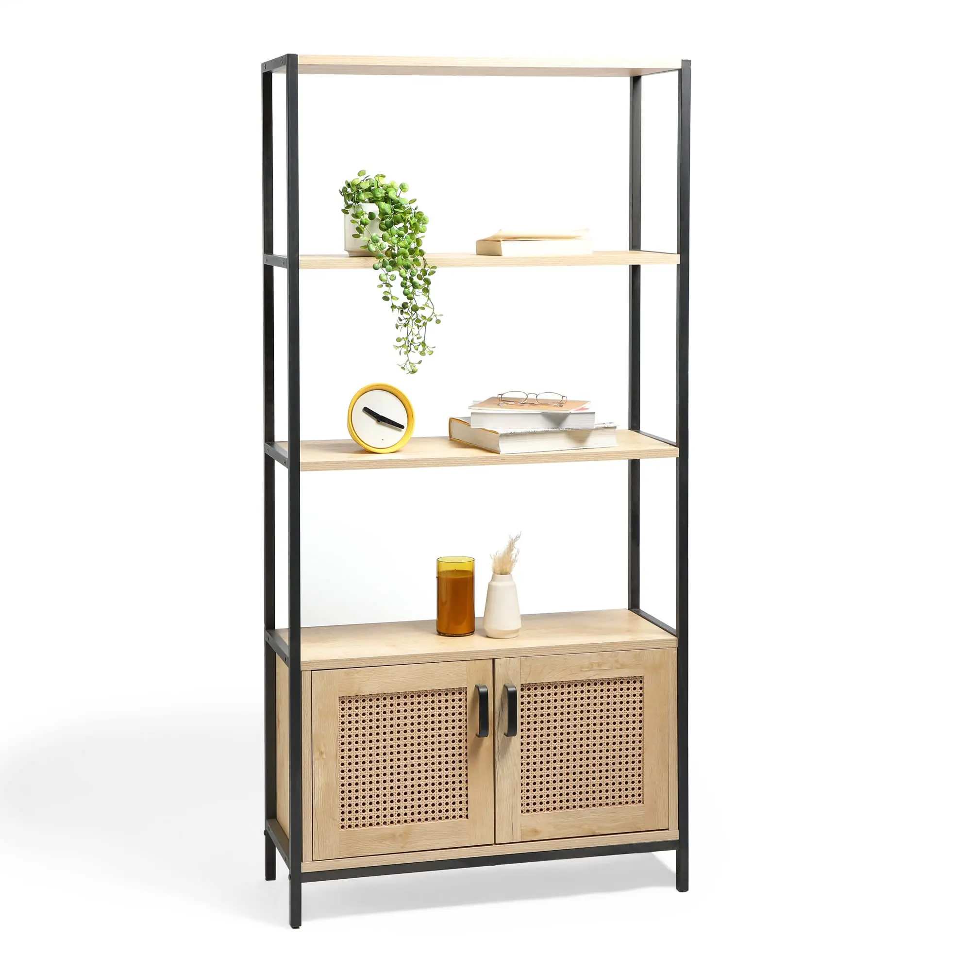 

！@Combohome Rattan Living Room Cabinet - Tall Bookshelf with Doors for Living Room - Large Light Wood Effect Shelving Unit