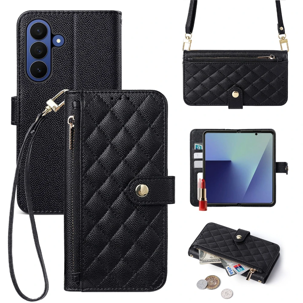 For Samsung Galaxy Z Fold8 Case Quilted Zipper Wallet PU Leather Cover Crossbody Shoulder Strap Card Slot Shockproof Shell cover