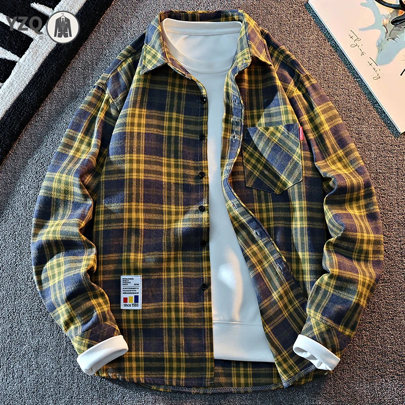 Loose Fit Grid Plaid Shirt Male Long Sleeve Woven Pocket Tag Breathable Fabric Spring Autumn Casual Shirt Jacket