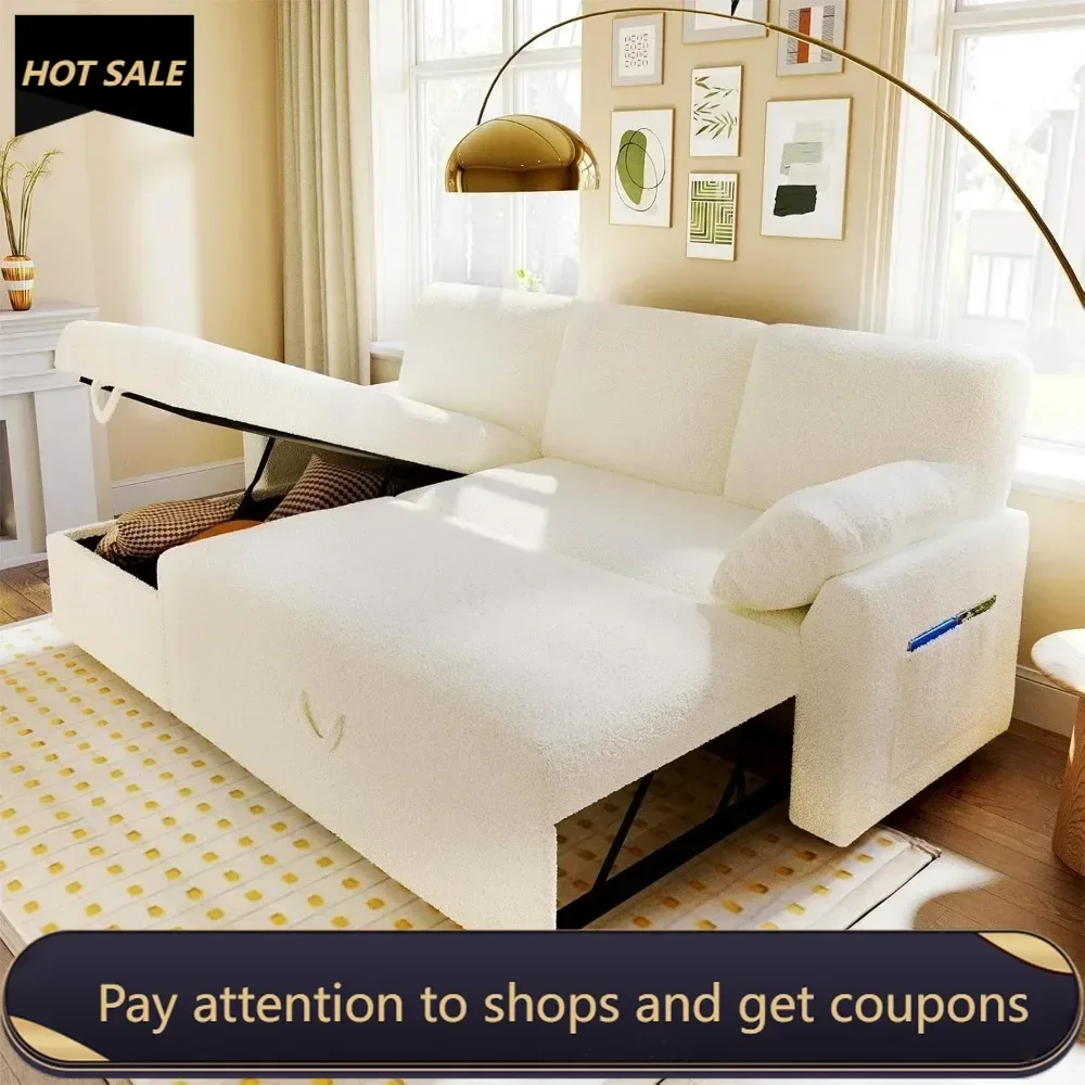 Sleeper Sofa- 2 in 1 Pull Out Couch Bed with Storage Chaise for Living Room, Sofa Sleeper with Pull Out Bed, White Boucle Couch