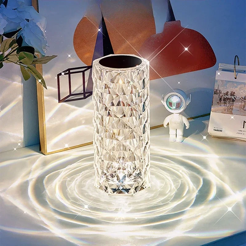 Spanish Rose Crystal Atmosphere Small Table Lamp, Bedroom Bedside Dreamy Night Light Suitable for LED Charging Camping Parties