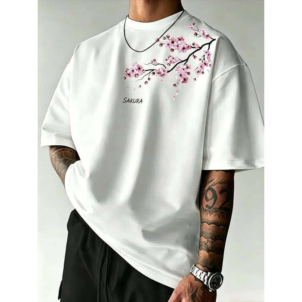 Cherry Blossom Branch Graphic Men T-Shirt Casual Loose Streetwear Short Sleeve Summer Fashion Tee
