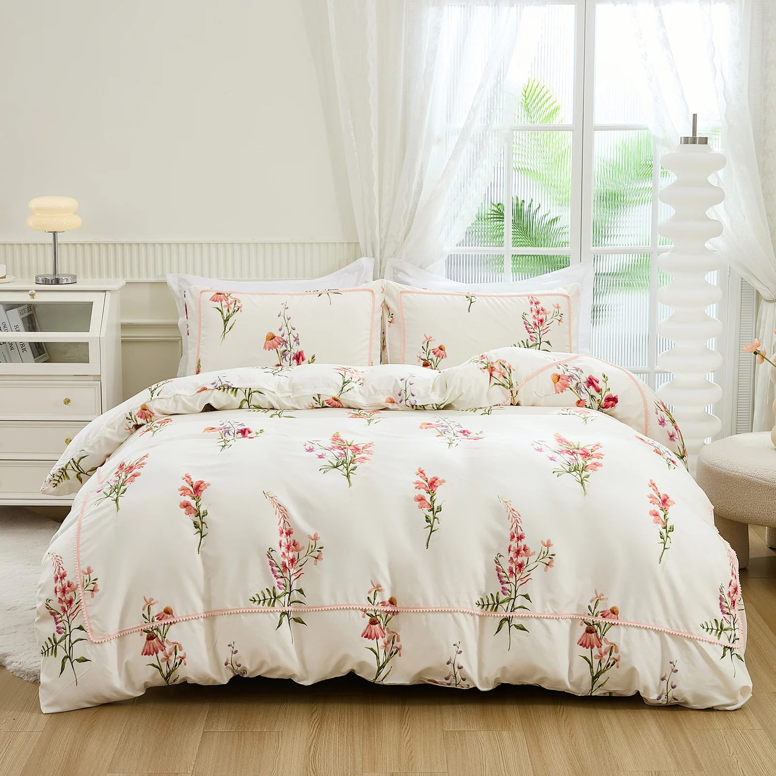 Pink Flower Bedding Set Pom Pom Duvet Cover Set Shabby Rural Bedding Set Botanical Floral Bedding Set Pastoral Duvet Cover