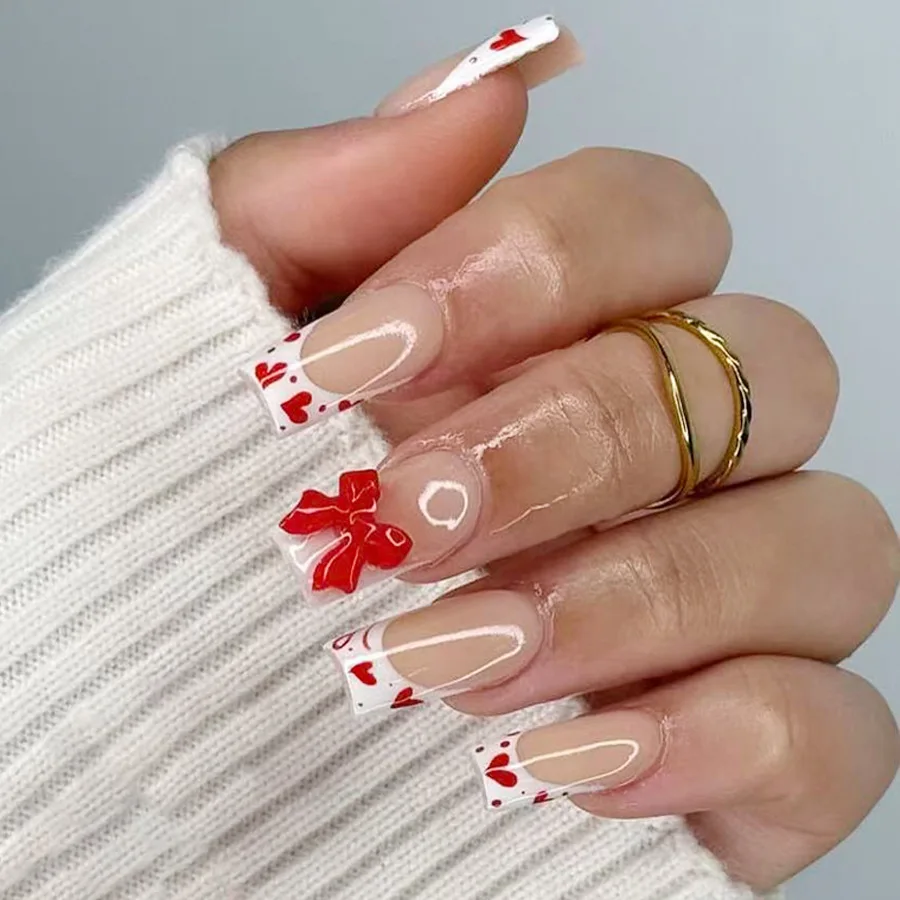 

24pcs Medium Long Square Stick-on Nails Valentine's Day White French Love 3D Bow Nail Tips Fake Nails Press on Nails with Design
