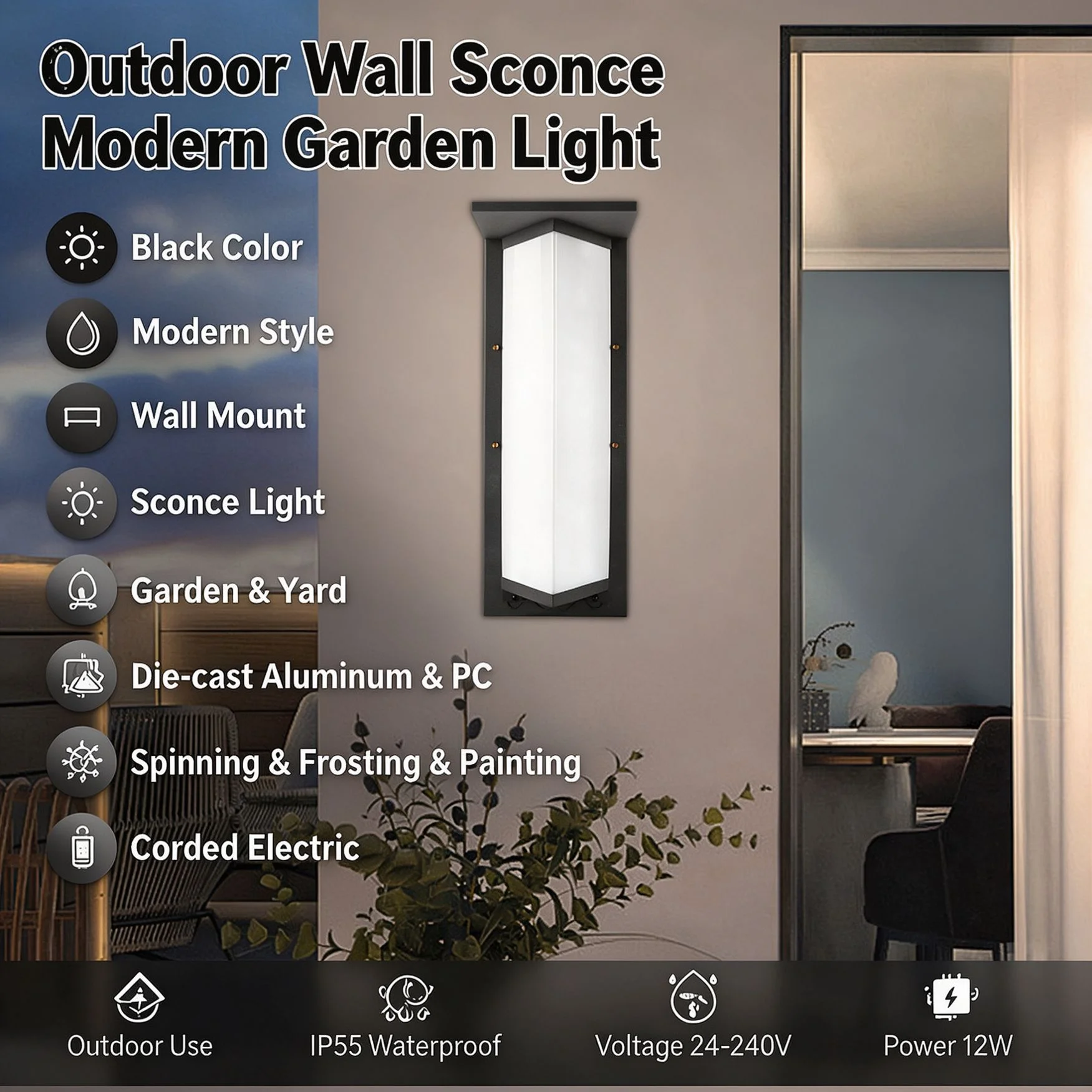 12W Black Outdoor Wall Lamp,Outdoor Wall Lamp,7.08*20.07in Wall Lighting