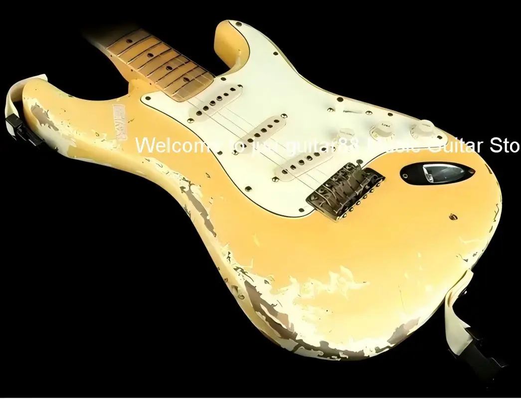 Heavy Relic Yngwie Malmsteen Play Loud Double Deck Electric Guitar Cream Over White, Scalloped Fingerboard, Big Headstock, Tremo