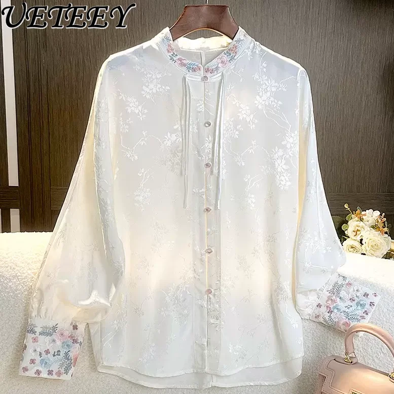 

Chinese National Style Retro Embroidered Flower White Shirt Blouse Women 2025 Spring New Loose Casual Button-up Long-sleeved Top