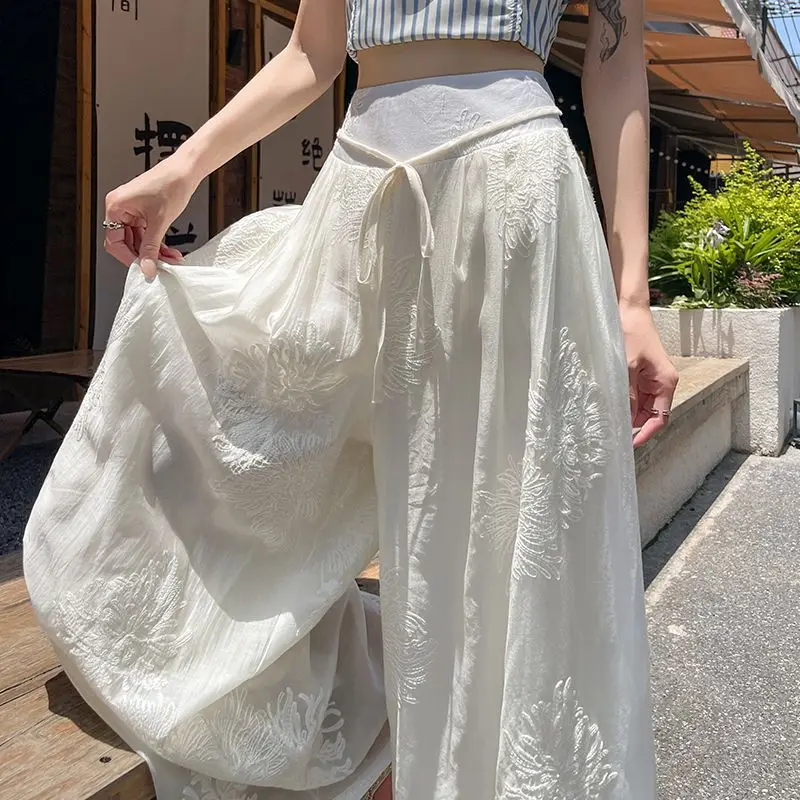 Chinese embroidery design wide-leg pants women's 2025 high-waisted thin elastic waist strap drape national style casual pants