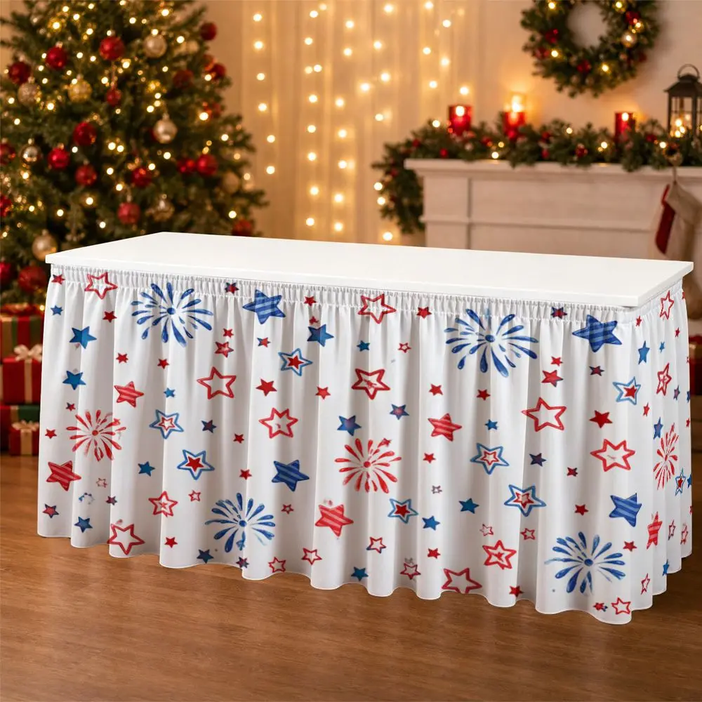 One-piece party table skirt decoration - Red and blue star and firework pattern ruffled table edge