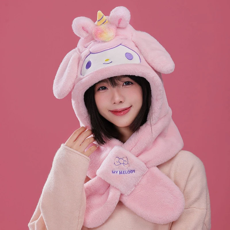 Miniso Kuromi Winter Teenage Boy Girl Cartoon Plush Hat Scarf 2-Piece Set Women 2-In-1 Cap Neckcover YoungPupil Mother-Girl Gift