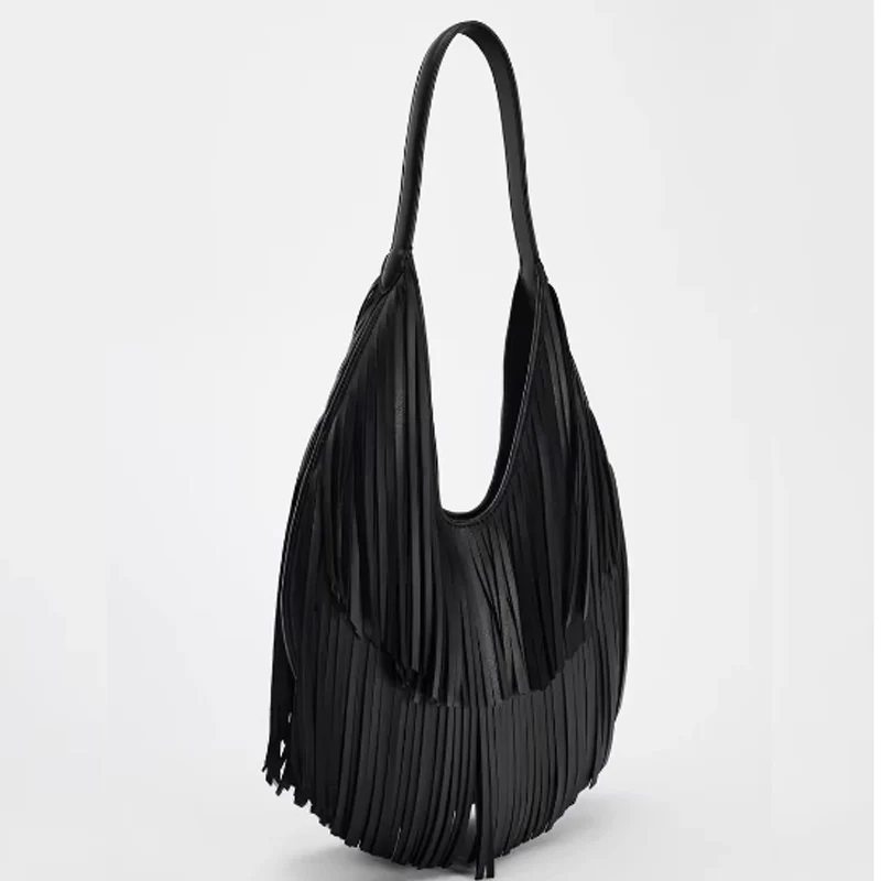 Fashion Crossbody Bag Large Capacity Women Tassels Shoulder Bag Minimalist Fringe Hobo Bag Solid Color for Party Vacation Bag image 3