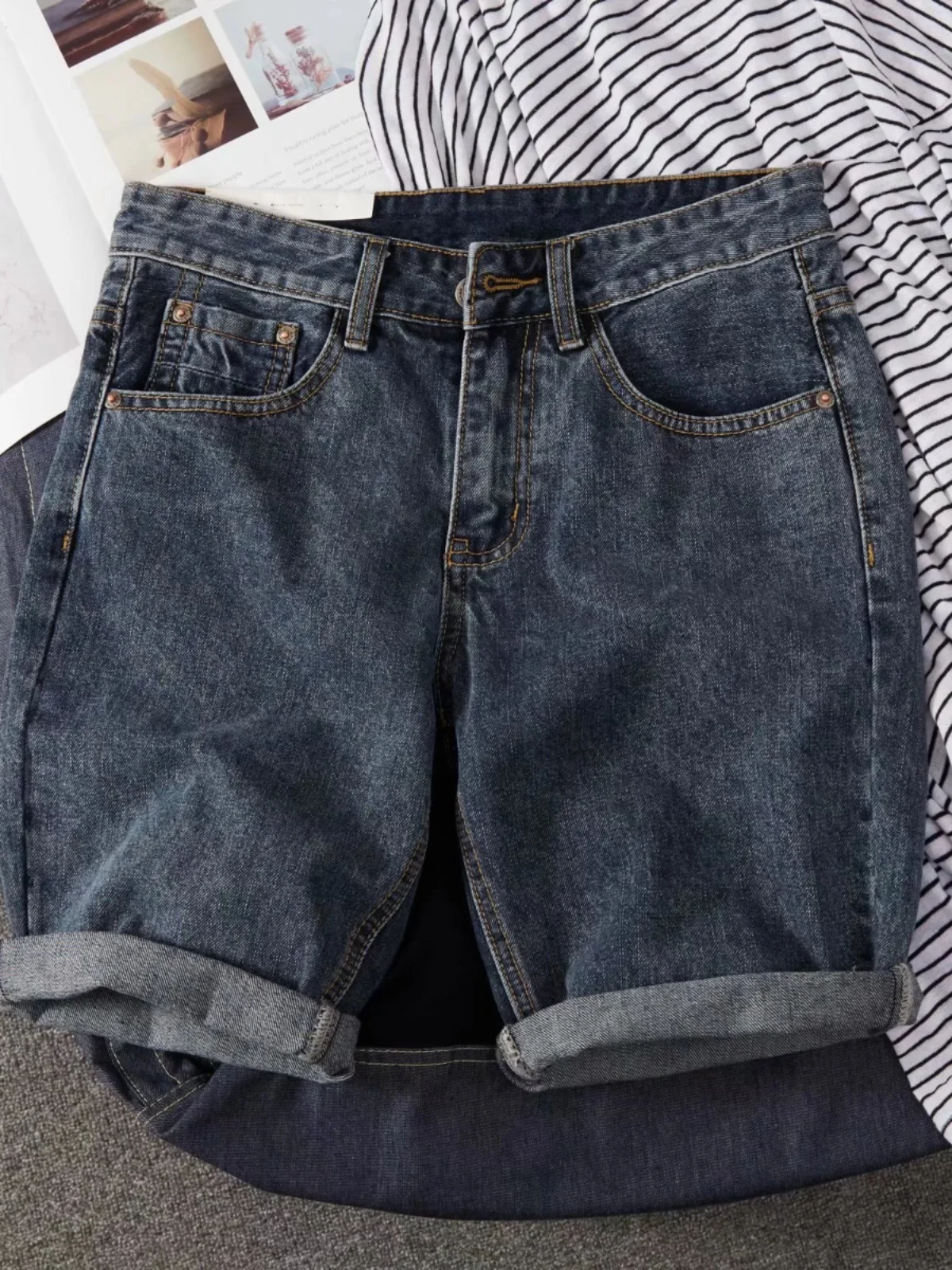 

Мужские летние джинсовые шорты в стиле ретро, американского уличного стиля, свободного кроя, тонкие, модные, брендовые, прямые, длиной до колена