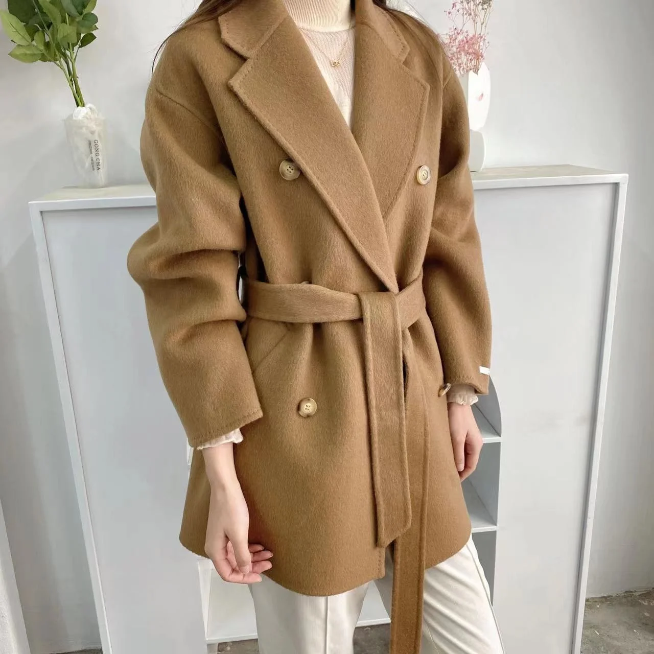 

2023 Reverse Season Rabbit Hair Hand Sewn Double Sided Australian Hair Coat for Women 101801 Classic Short Lace Wool Coat