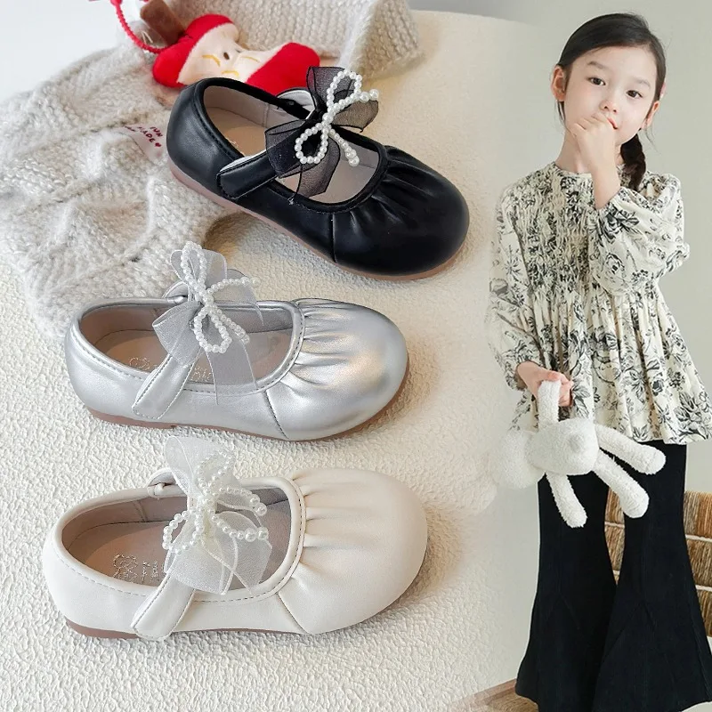 Girls Flats Leather Shoes for Party Wedding Children's Sweet Princess Shoes with Bow-knot Kids Soft Sole Pleated Casual Shoes