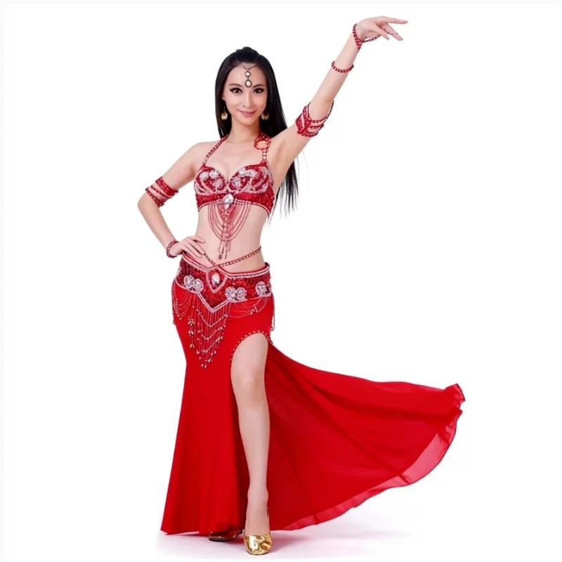 

Women Sexy Belly Dance Beaded Top Bra & Belt 2pieces Belly Dance Costume Outfit Set Female Bollytwood Dance Costume 11 Colors