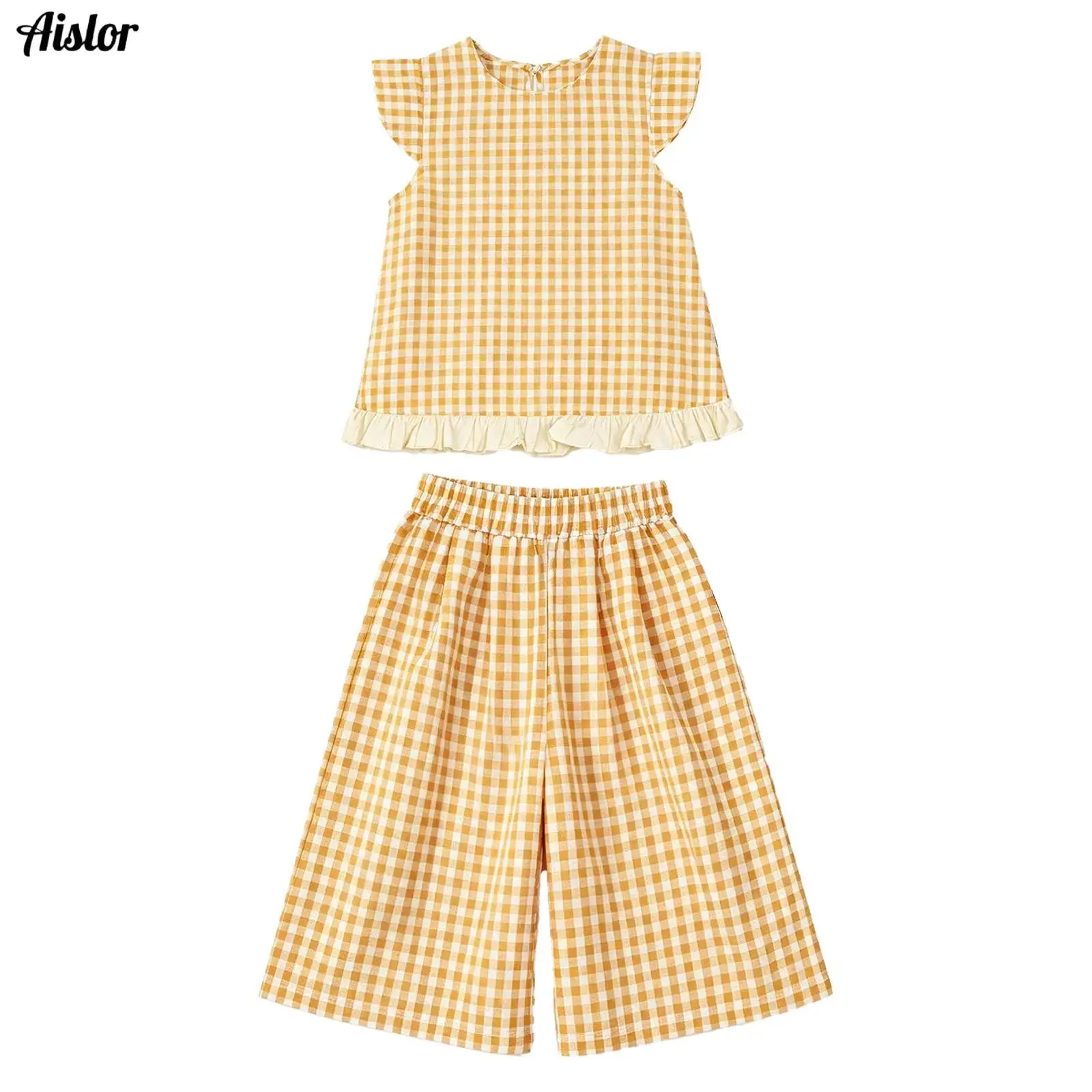 Kids Girls Cap Sleeve Ruffled Hem Plaid Top with Wide-leg Cropped Pants Set for Casual Daily Life School Travel Vacation