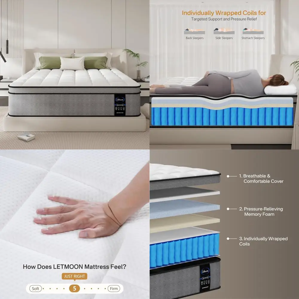 

King-Size 12-Inch Medium-Firm Hybrid Mattress with Cooling Memory Foam and Pocketed Spring Support for Motion Isolation and Enha