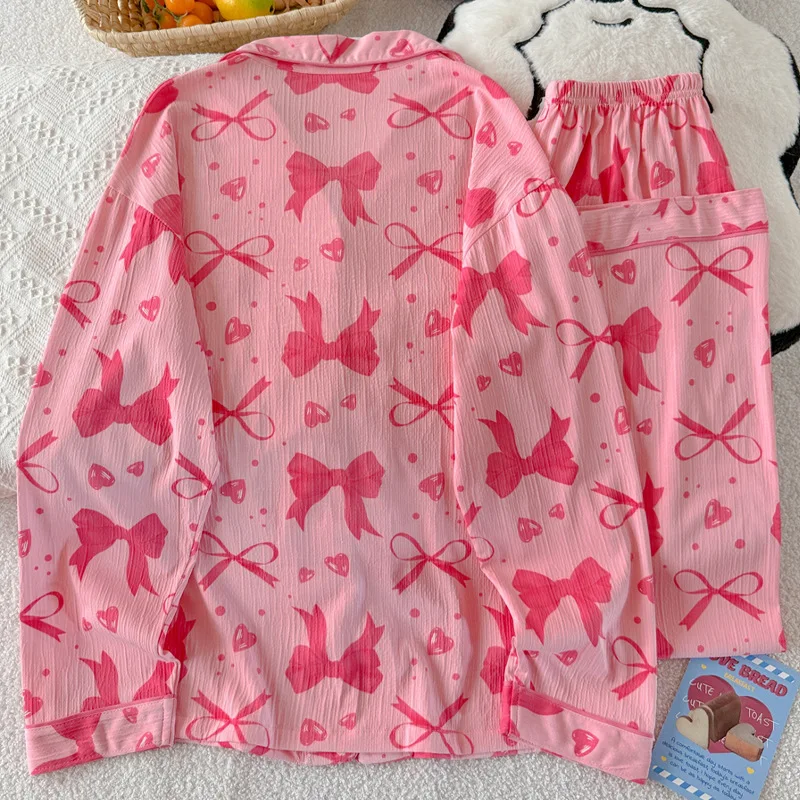 Japonais doux rose et tendre grand nœud printemps et automne vêtements de nuit à manches longues Cardigan extérieur pyjamas ensemble décontracté maison vêtements