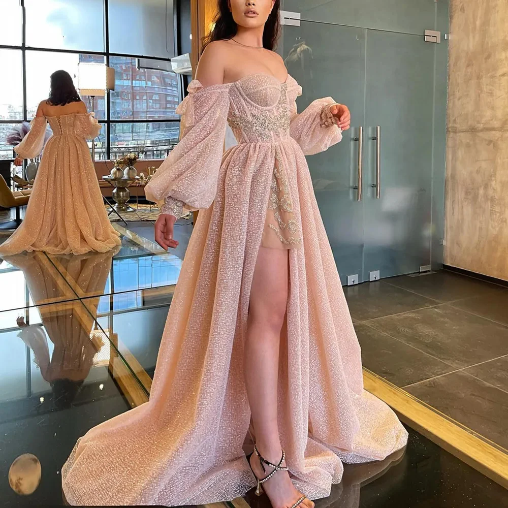 Simple Women Prom Dresses Sweethear Neck Off-Shoulder Long Sleeves Lace Appliques A-Line Floor-Length Side Split Evening Dress