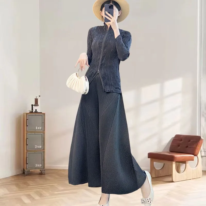 

Комплект плиссированных брюк Miyake, осень 2023, тонкая куртка на молнии + однотонные широкие брюки нестандартной формы, женская одежда больших размеров