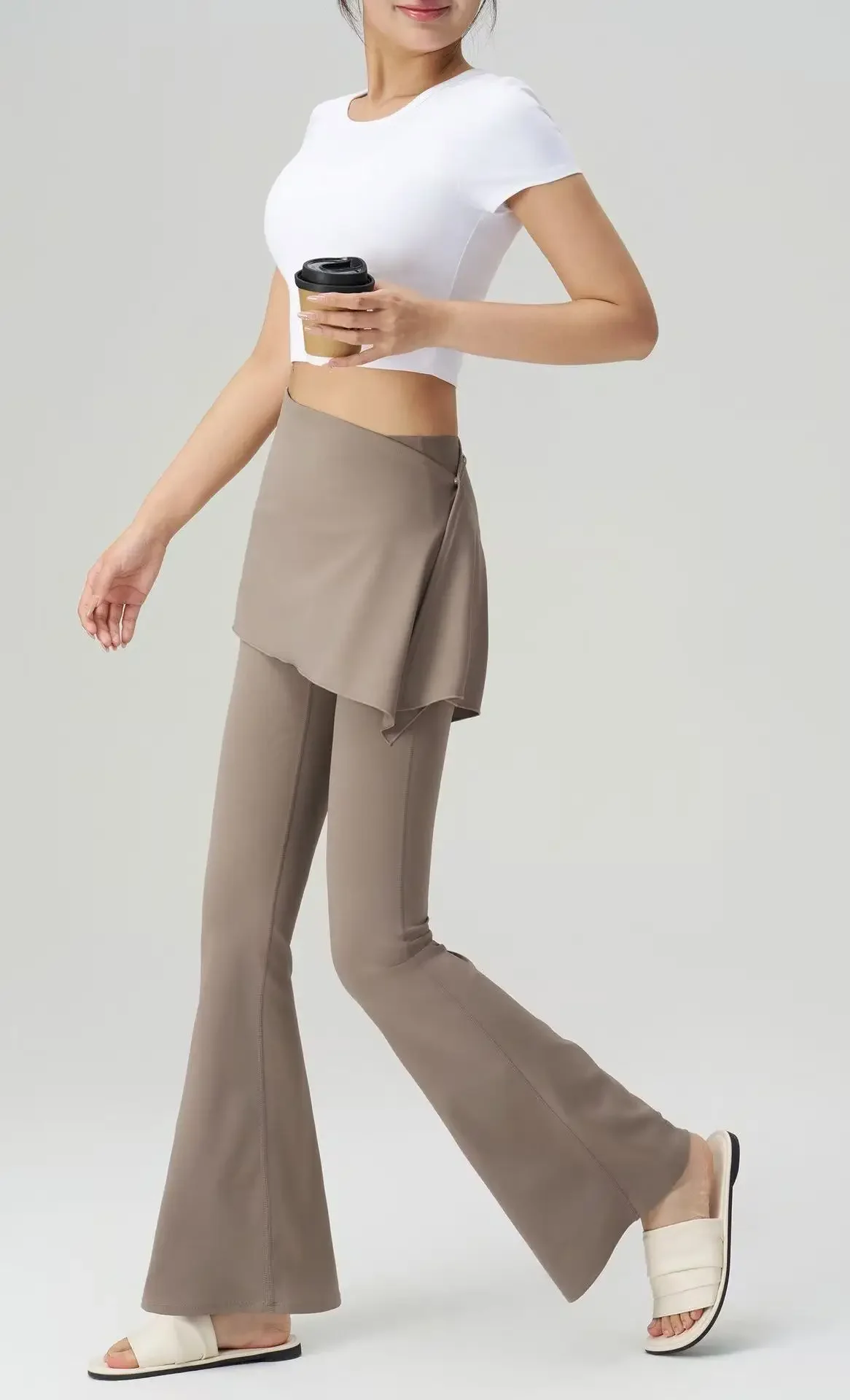 Damen High-Waist Slim Fit Pilates Fitness Leggings, Zweiteilige Optik Sport-Hose mit Micro-Flare-Rock für Hüftstraffung – Detail 4