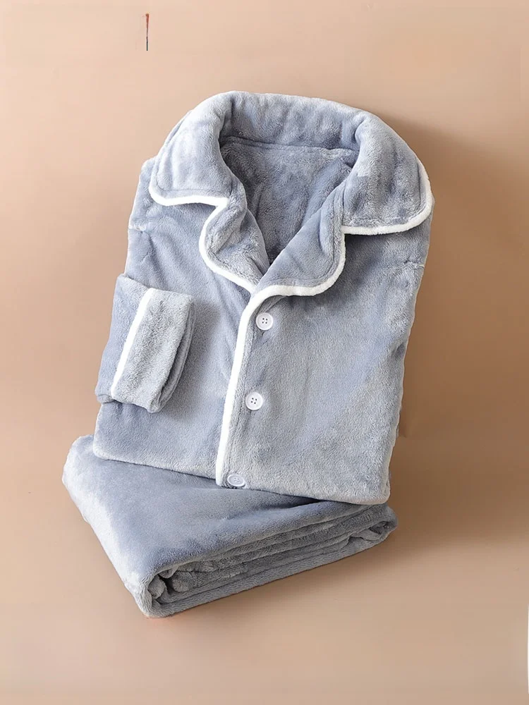 PLANDOO Men's Warm Coral Fleece Pajamas Winter Thickened Flannel Home Clothes Set Loose Fit Long Sleeve Sleepwear