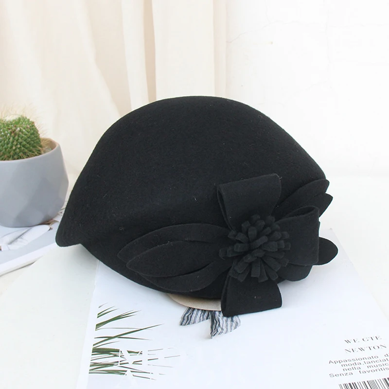 Hat ladies autumn and winter wool beret temperament flower flight attendant hat dome fashionable versatile top hat