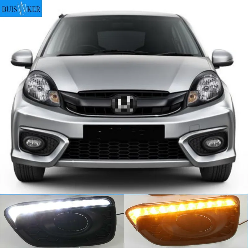 

2Pcs DRL For Honda Brio 2016 2017 Car 12V LED Daytime Running Light Fog Lamp cover daylight ABS with Yellow turn signal