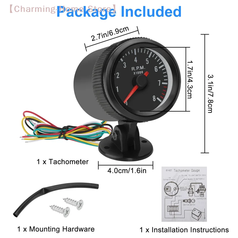 

【M】2" 52mm Car Meter Tachometer RPM Gauge 0-8000RPM Analog Black Case With White LED For 1-8 Cylinders Petrol Car
