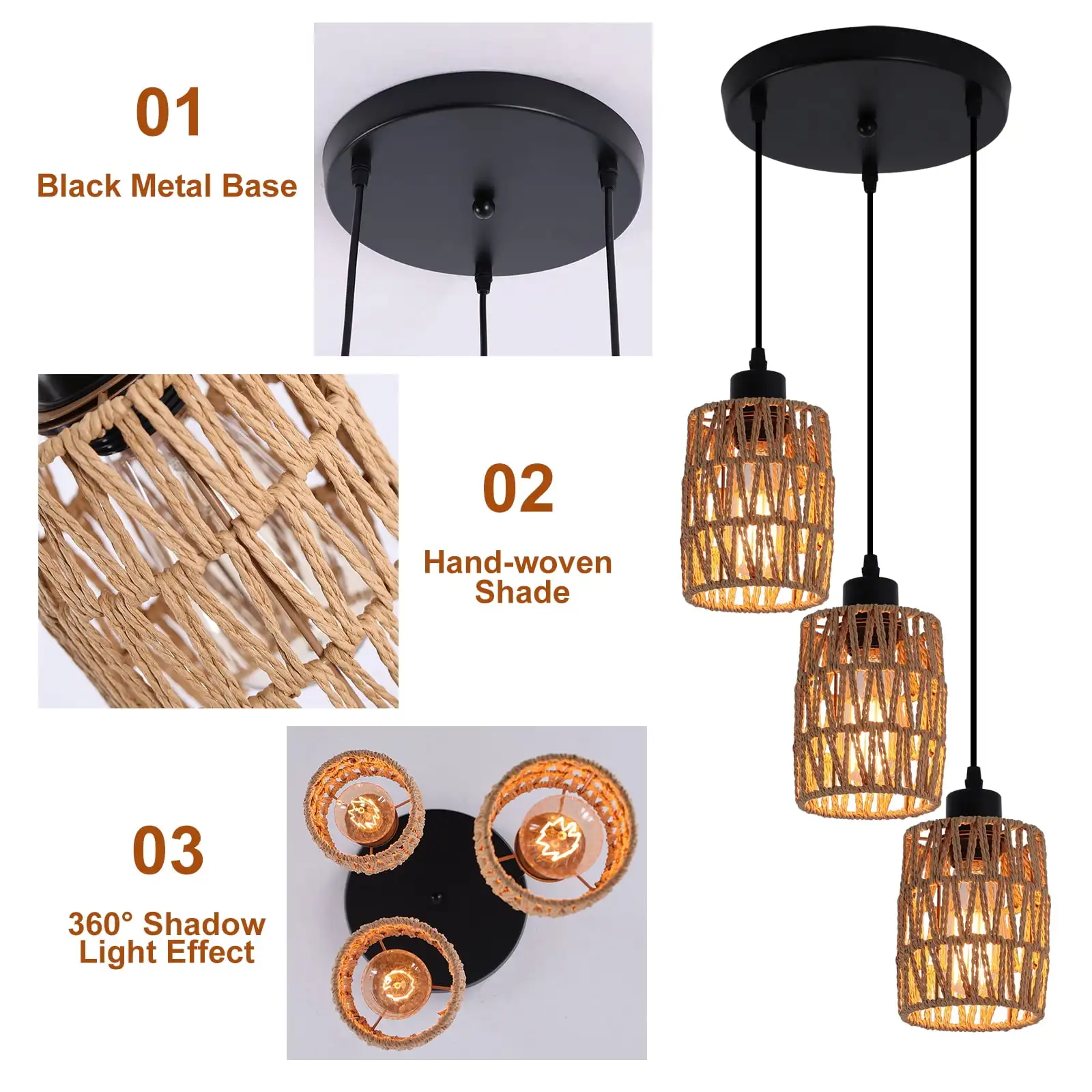 3-Light Rattan Chandelier Farmhouse Boho Hanging Lamp Fixture with Hand-Woven Wicker Shade for Bedroom Living Room Foyer Hallway